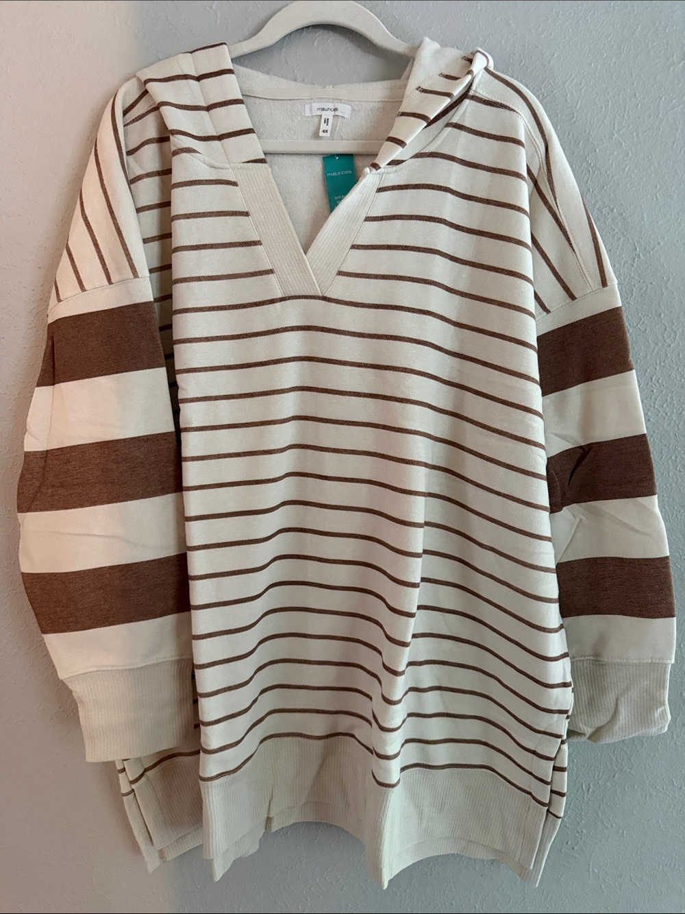 Maurices Cream & Brown Striped V-Neck Hooded Sweatshirt